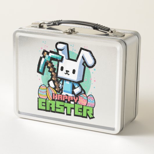 Happy Easter Bunny Pixel Game Gaming Gamer Boys Ki メタルランチボックス (正面)