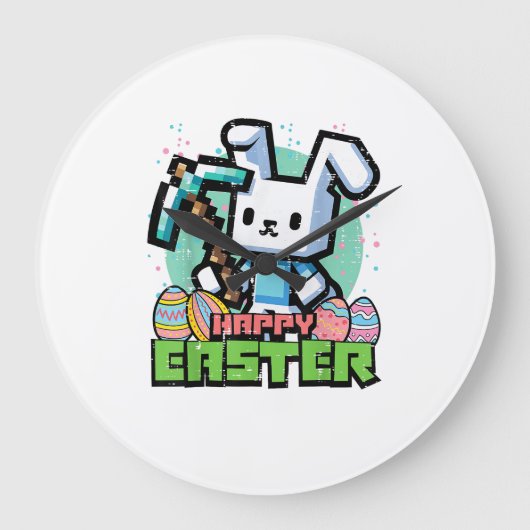 Happy Easter Bunny Pixel Game Gaming Gamer Boys Ki ラージ壁時計 (正面)