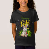 Happy Easter Bunny Sunflowers Girls Black Tee Tシャツ (正面)