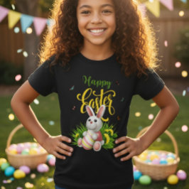 Happy Easter Bunny Sunflowers Girls Black Tee Tシャツ