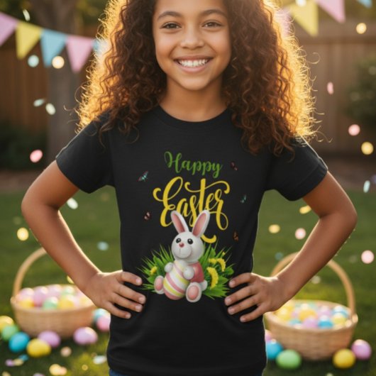 Happy Easter Bunny Sunflowers Girls Black Tee Tシャツ