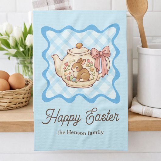 Happy Easter Bunny Teapot Gingham  キッチンタオル