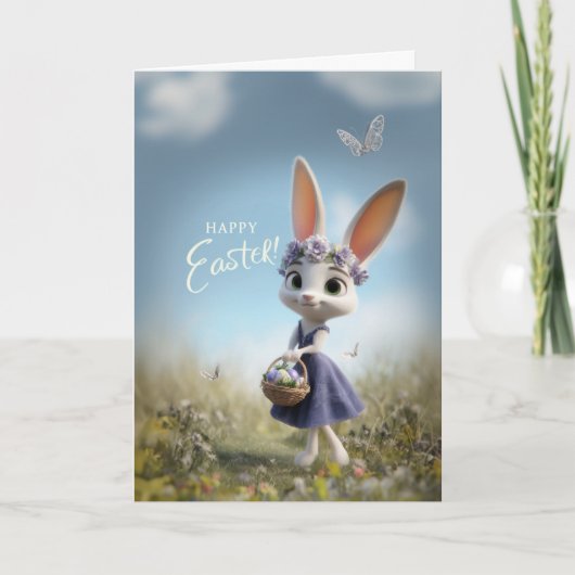 Happy Easter Bunny w/ Flower Crown & Egg Basket カード (正面)