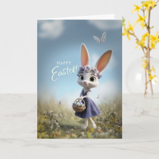 Happy Easter Bunny w/ Flower Crown & Egg Basket カード (黄色い花)