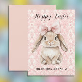 Happy Easter Bunny with Bow on Pink Damask シーズンカード