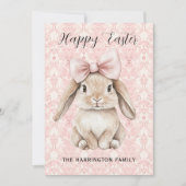 Happy Easter Bunny with Bow on Pink Damask シーズンカード (正面)