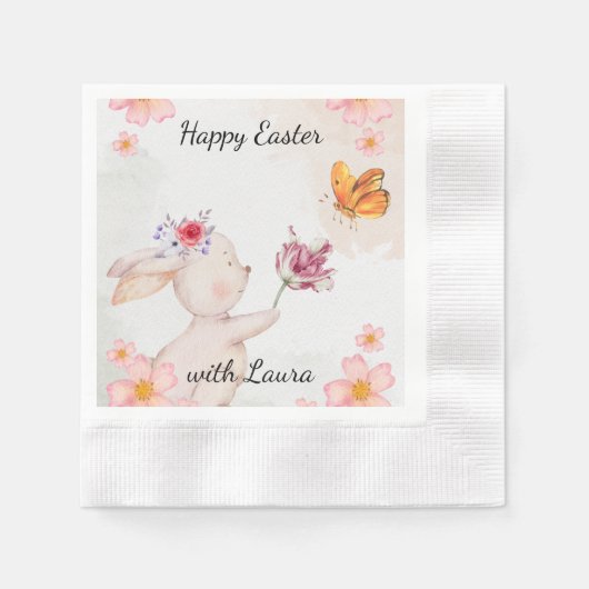Happy Easter- bunny with butterfly  縁ありカクテルナプキン (正面)
