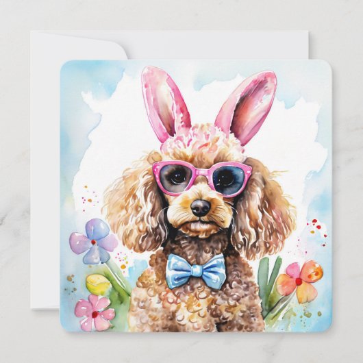 Happy Easter Card Cute Bunny Poodle Watercolor Dog カード (正面)