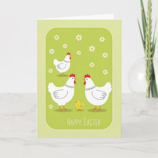 Happy Easter Card With White Hens and Yellow Chick シーズンカード (正面)