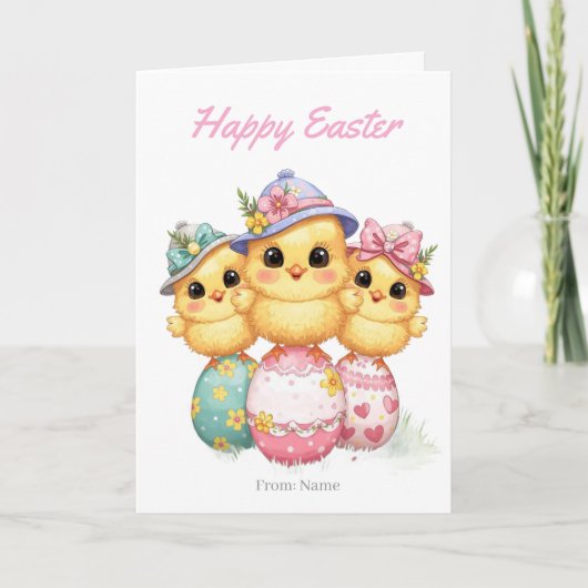 Happy Easter Chicks Card | Cute Hats & Eggs カード (正面)