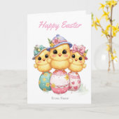 Happy Easter Chicks Card | Cute Hats & Eggs カード (黄色い花)