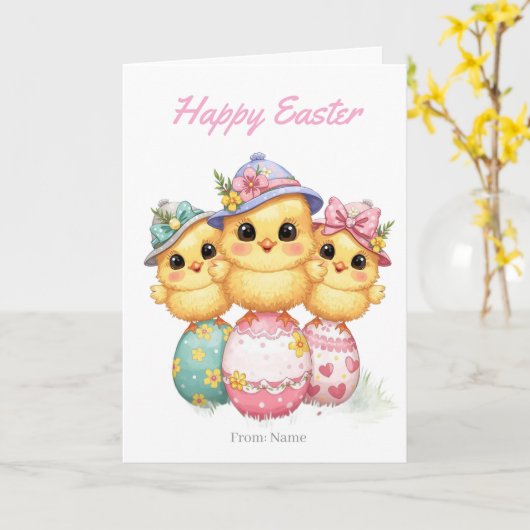 Happy Easter Chicks Card | Cute Hats & Eggs カード (黄色い花)