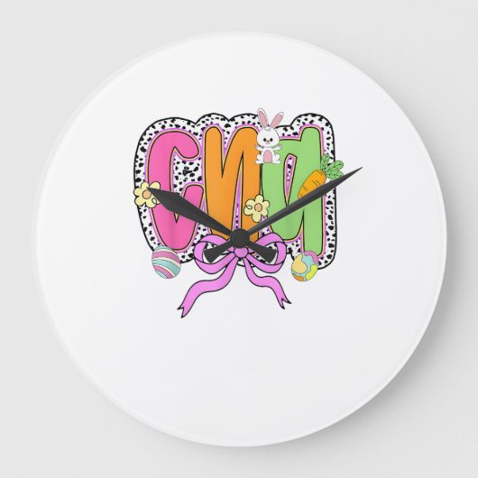 Happy Easter CNA Nurse Coquette Bow Bunny Eggs Wom ラージ壁時計 (正面)