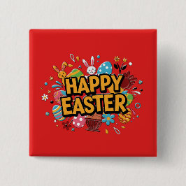 Happy Easter Colorful Bunny & Eggs Pin 缶バッジ