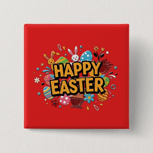 Happy Easter Colorful Bunny & Eggs Pin 缶バッジ (正面)