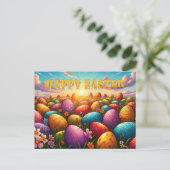 Happy Easter Colorful Eggs in Spring Meadow ポストカード (スタンド正面)