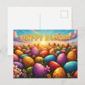 Happy Easter Colorful Eggs in Spring Meadow ポストカード (正面/裏面)