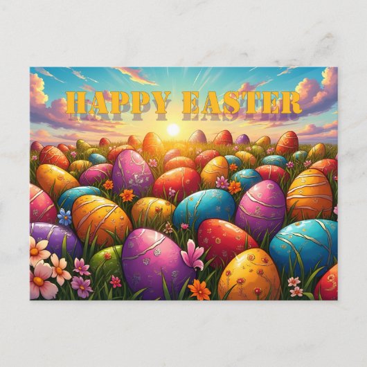 Happy Easter Colorful Eggs in Spring Meadow ポストカード (正面)