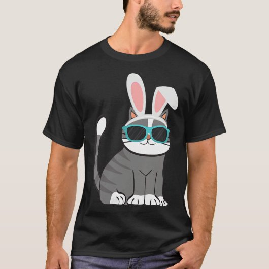 Happy Easter Cool Cat With Bunny Ears and Glasses  Tシャツ (正面)