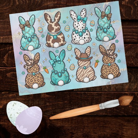 Happy Easter Cowgirl Leopard Print Teal Bunnies   薄葉紙