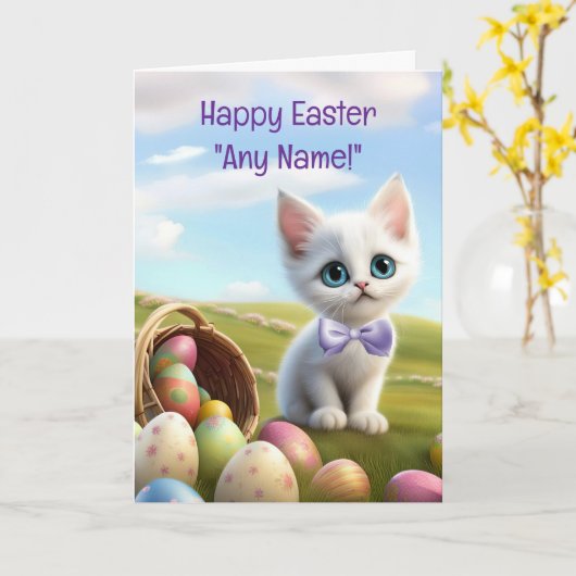 Happy Easter Custom Name Cute Kitten カード (黄色い花)