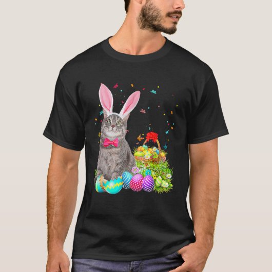Happy Easter Cute Bunny Cat Eggs Basket Men Women Tシャツ (正面)