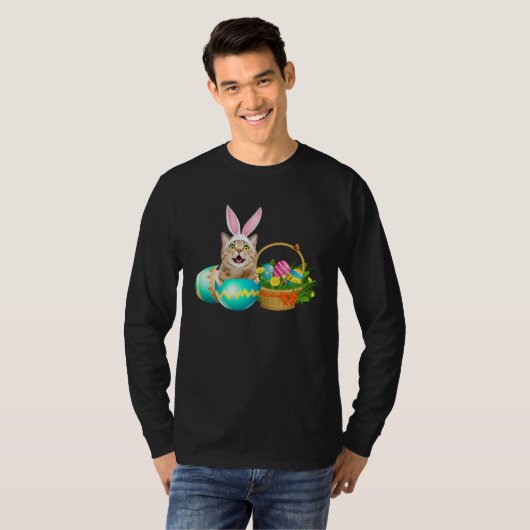 Happy Easter Cute Bunny Cat Eggs Basket Men Women Tシャツ (正面フル)