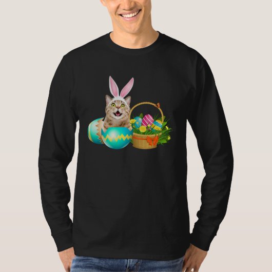 Happy Easter Cute Bunny Cat Eggs Basket Men Women Tシャツ (正面)