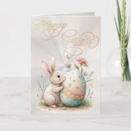 Happy Easter Cute Bunny & Egg Pastel Floral シーズンカード