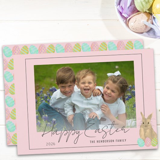 Happy Easter Cute Bunny Family Photo Pink シーズンカード