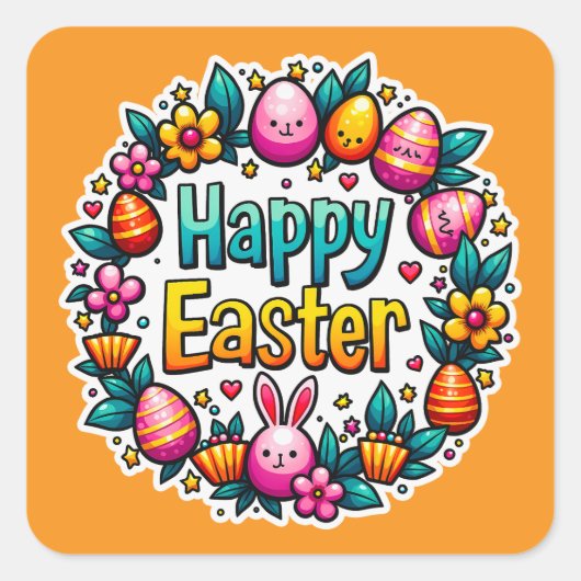 Happy Easter – Cute Bunny Lettering Autocolante スクエアシール (正面)