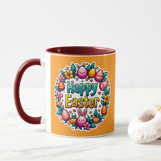 Happy Easter – Cute Bunny Lettering caneca マグカップ (ドーナツ)