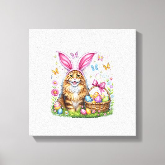 Happy Easter Cute Bunny Maine Coon Cat Easter Eggs キャンバスプリント (正面)