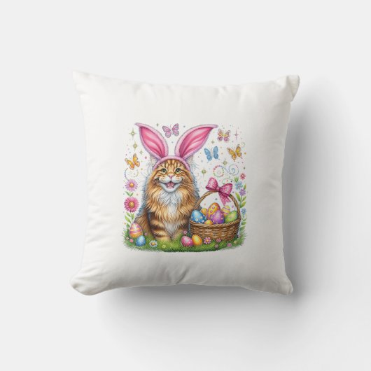 Happy Easter Cute Bunny Maine Coon Cat Easter Eggs クッション (正面)