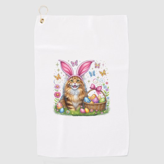 Happy Easter Cute Bunny Maine Coon Cat Easter Eggs ゴルフタオル (正面)