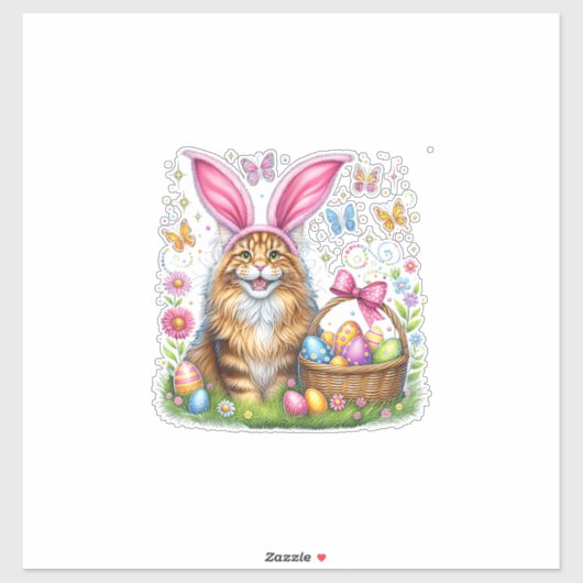 Happy Easter Cute Bunny Maine Coon Cat Easter Eggs シール (シート)