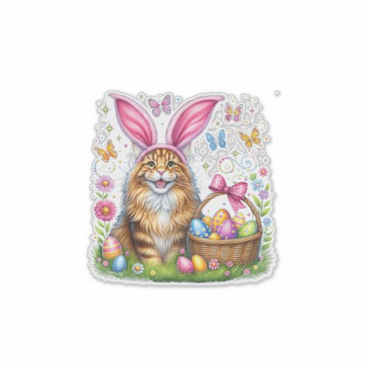 Happy Easter Cute Bunny Maine Coon Cat Easter Eggs シール (正面)