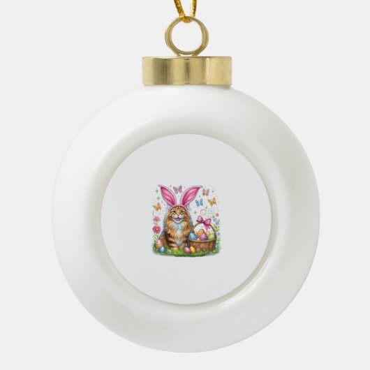 Happy Easter Cute Bunny Maine Coon Cat Easter Eggs セラミックボールオーナメント (正面)