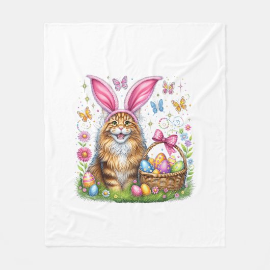Happy Easter Cute Bunny Maine Coon Cat Easter Eggs フリースブランケット (正面)