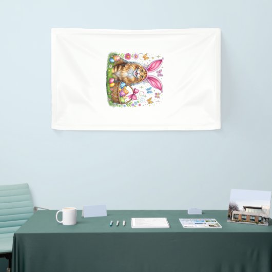 Happy Easter Cute Bunny Maine Coon Cat Easter Eggs 横断幕 (トレードショー)