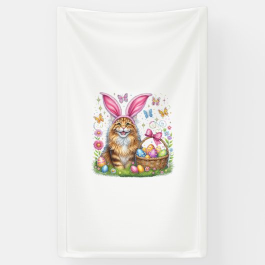 Happy Easter Cute Bunny Maine Coon Cat Easter Eggs 横断幕 (縦)