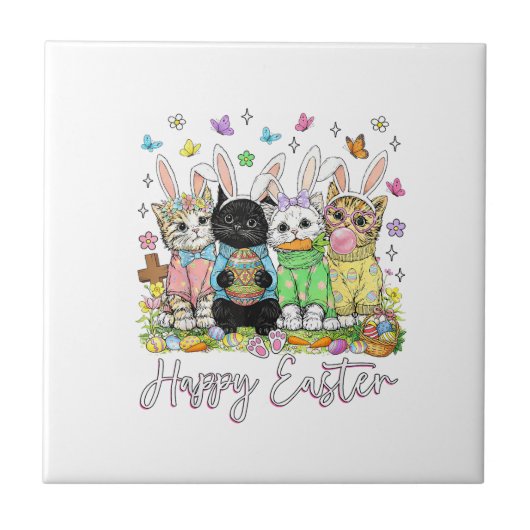 Happy Easter Cute Cat Lover Bunny Easter Day Women タイル (正面)