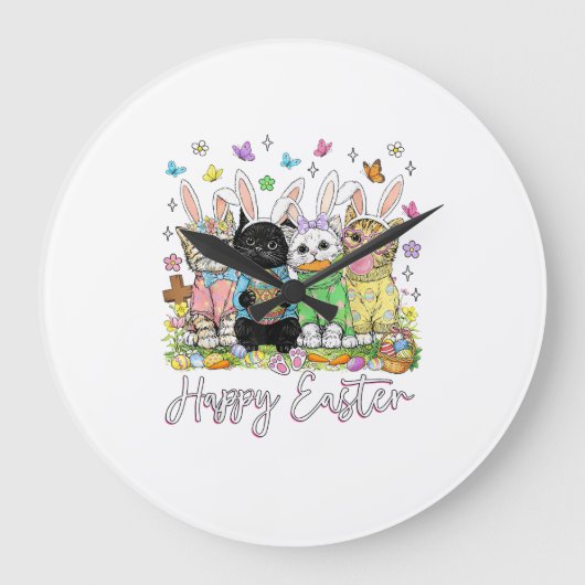 Happy Easter Cute Cat Lover Bunny Easter Day Women ラージ壁時計 (正面)