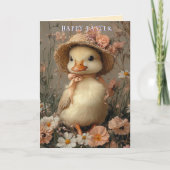 Happy Easter Cute Duck Straw Hat Pink Flowers カード (正面)