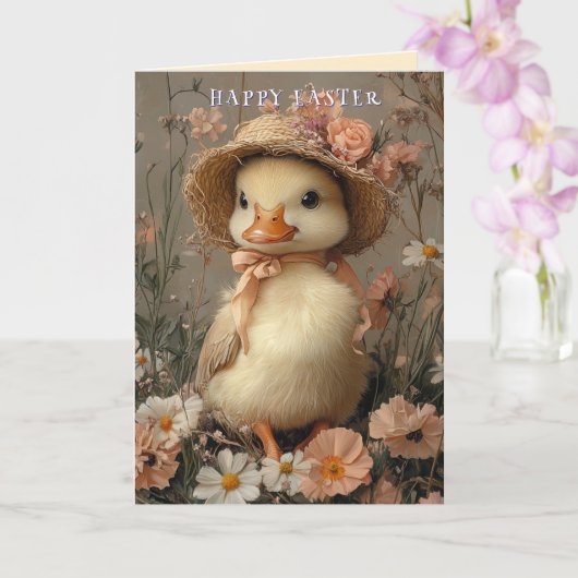 Happy Easter Cute Duck Straw Hat Pink Flowers カード (蘭)
