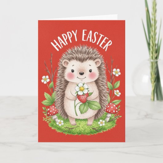 Happy Easter Cute Hedgehog Holding Strawberry  カード (正面)