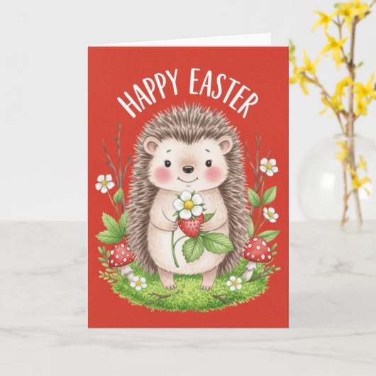 Happy Easter Cute Hedgehog Holding Strawberry  カード (黄色い花)