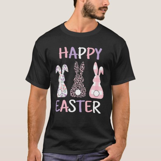 Happy Easter Cute Pink Leopard Plaid Flower Bunny Tシャツ (正面)