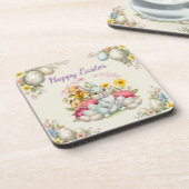 Happy Easter Cute Water Color bunny  コースター (左側)