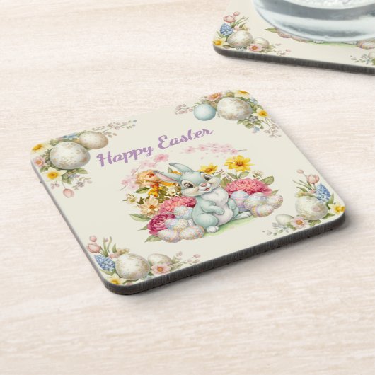 Happy Easter Cute Water Color bunny コースター (左側)